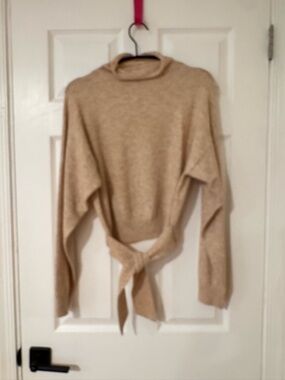 Aritzia Wilfred Beige Tie-Back Mock Neck Sweater